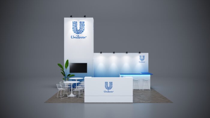 Custom trade show booth featuring a sleek 20x20 design for your next event.