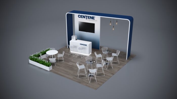 20x20 trade show exhibit with unique branding features and functional counter space.