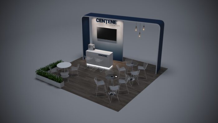 20x20 custom trade show exhibit rental with stylish counters and customizable graphics.