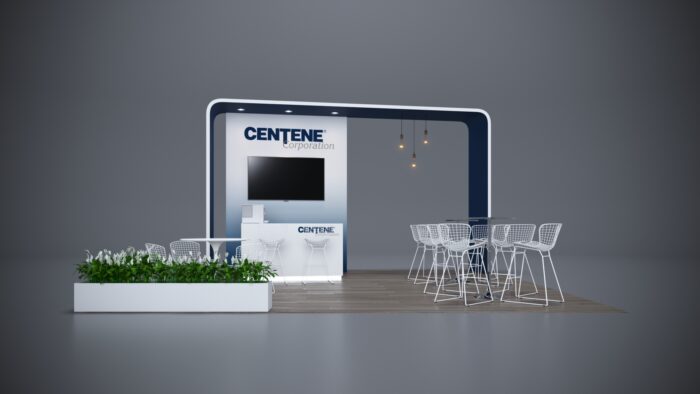 20x20 trade show exhibit with spacious layout and modern storage solutions.
