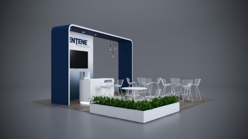 20x20 custom booth design with LED lighting and ample product display areas.