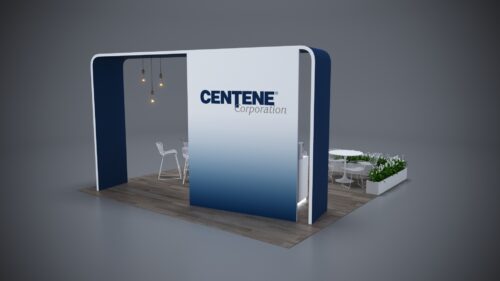 20x20 trade show exhibit with modular counters and an eye-catching design.