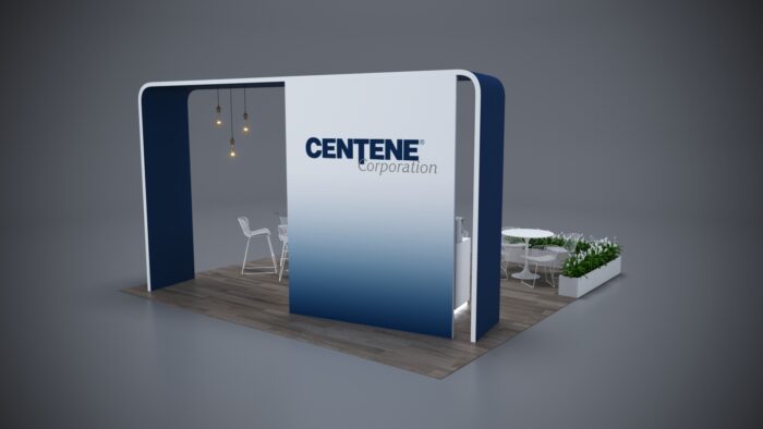 20x20 trade show exhibit with modular counters and an eye-catching design.