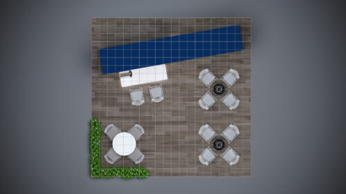 20x20 custom trade show booth with integrated storage space and display options.