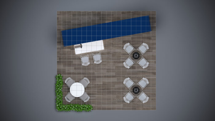 20x20 custom trade show booth with integrated storage space and display options.