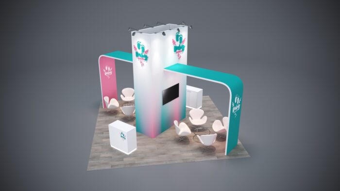 20x20 trade show exhibit featuring dynamic lighting and high-quality materials.