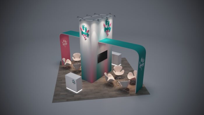 20x20 trade show exhibit with sleek, customizable counters and premium graphics.