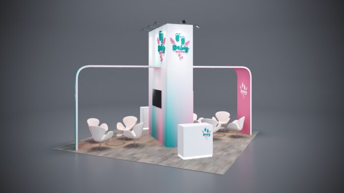 20x20 trade show exhibit rental with built-in storage and spacious design.