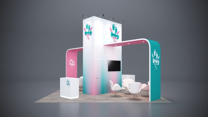 20x20 trade show exhibit with interactive displays and modern custom counters.