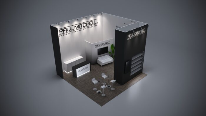 Custom trade show booth with a modular 20x20 design for interactive displays.