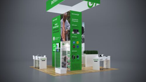Modern 20x20 booth design with advanced features for high foot traffic events.