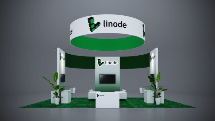 20x30 custom trade show exhibit rental with modern design elements.