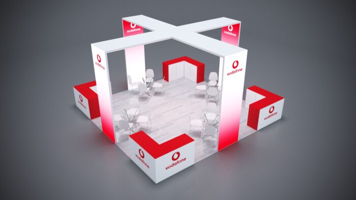 Modern 20x20 trade show exhibit rental with stylish design.