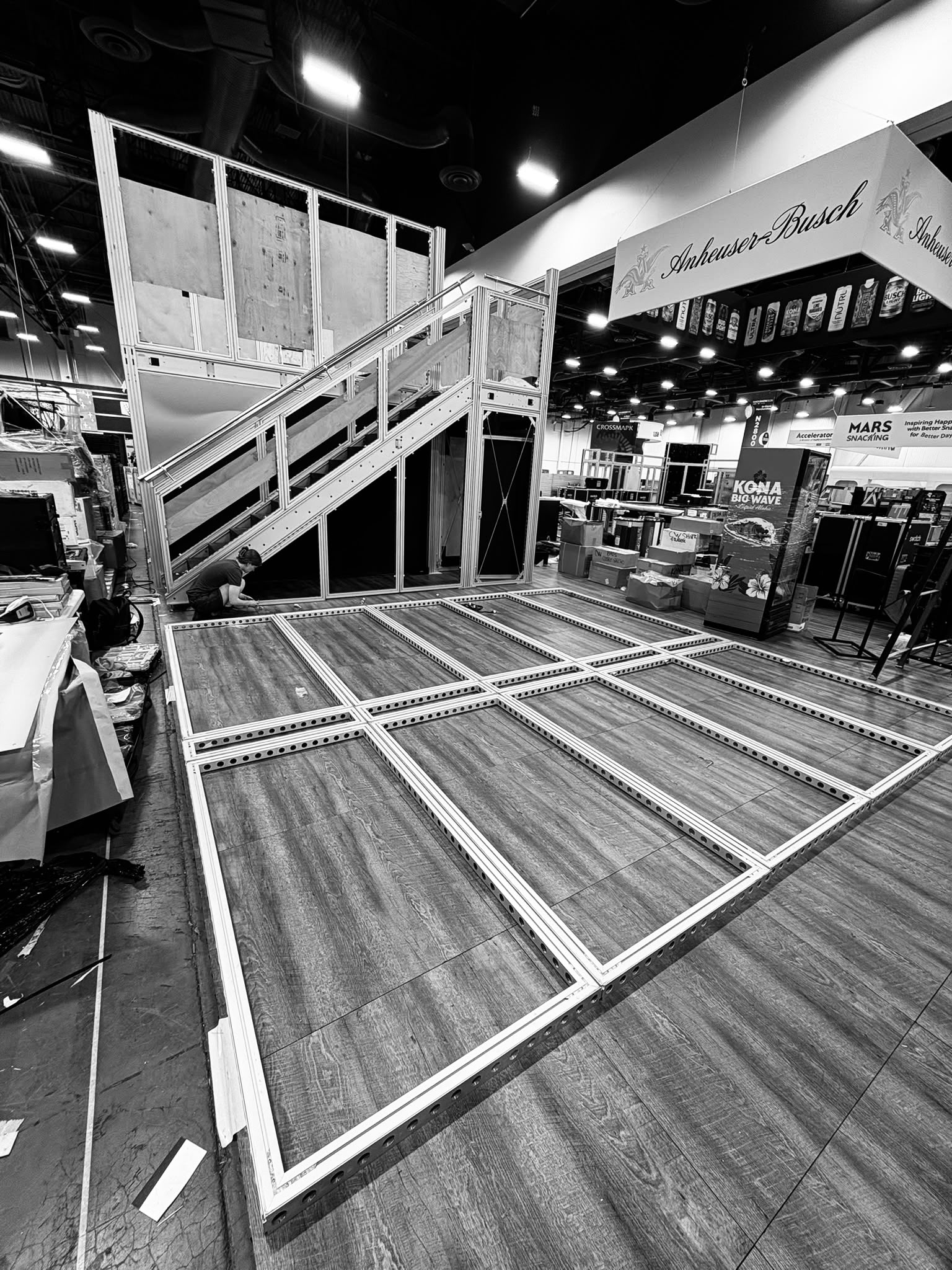Calgary double deck build, step 1 prep: floor frame laid out on the show floor